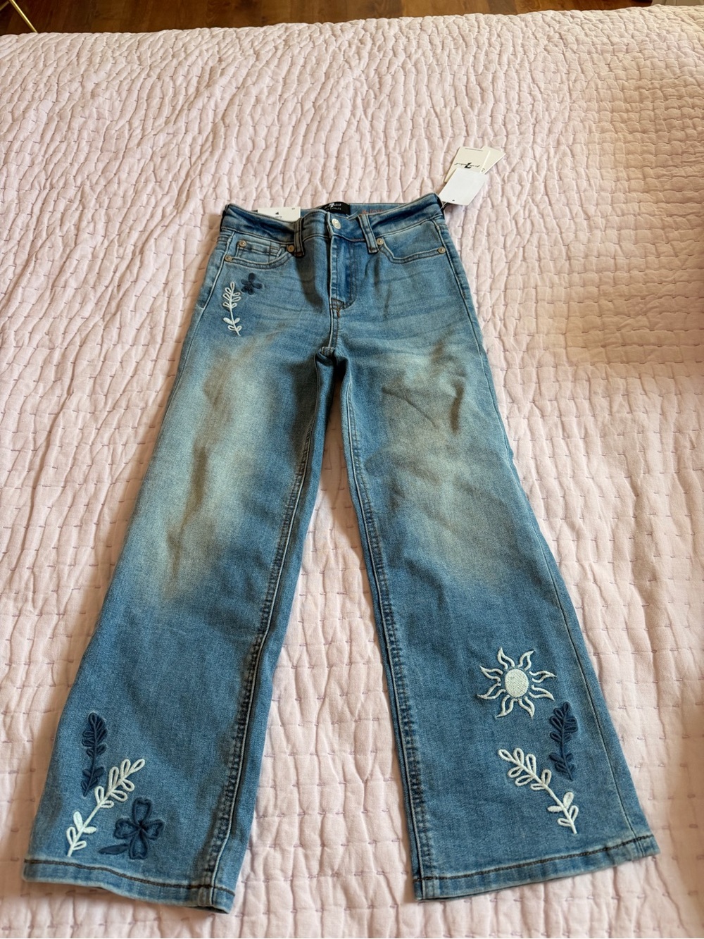 7 For All Mankind Light Blue Embroidered Wide-Leg Kids Jeans